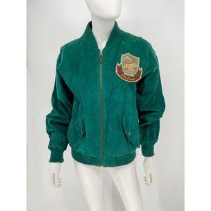 Vintage Pia Rucci Green Suede Bomber Jacket w/ Appliqué Patches Full Zip Sz M